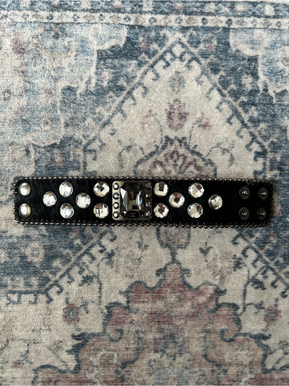Vintage Guang Tong Black Pony Hair Leather Cuff Bracelet Rhinestone Studs Y2K